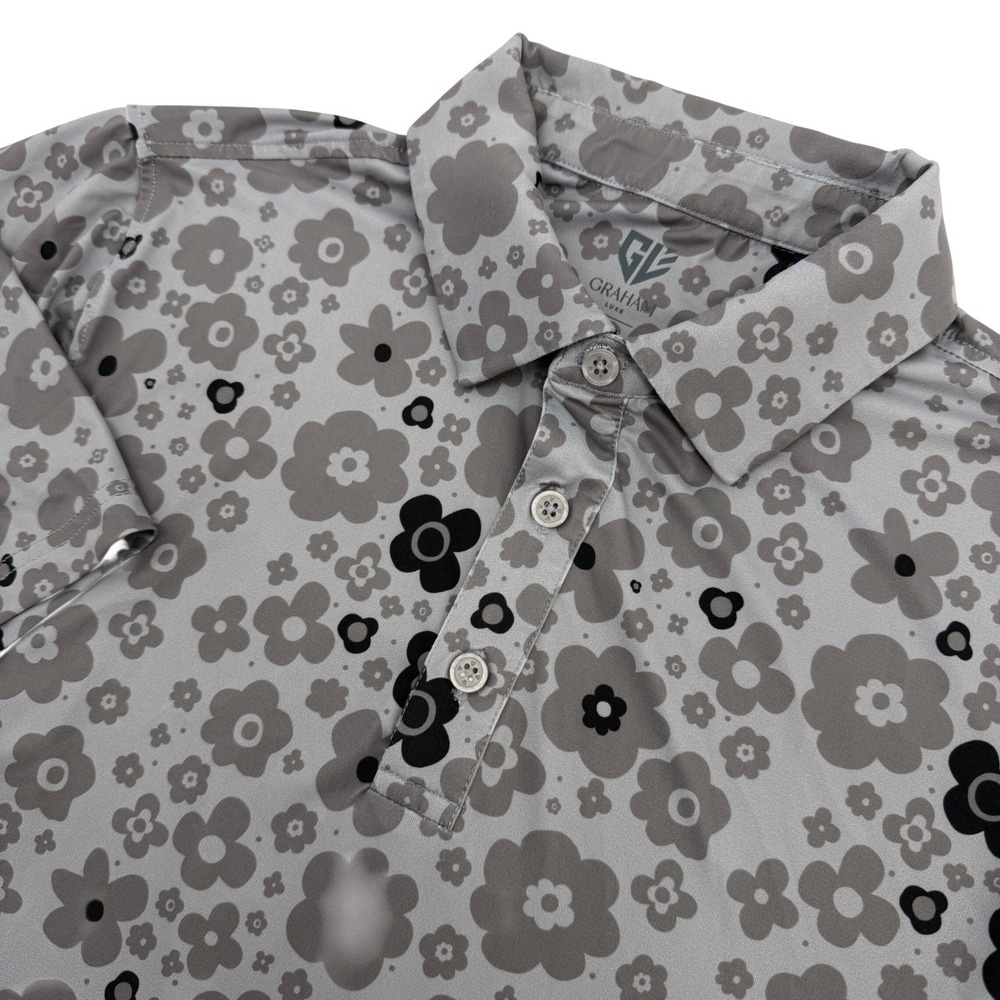 Graham Luxe Polo Shirt Mens M Gray Floral Performance Short Sleeve Stretch Golf
